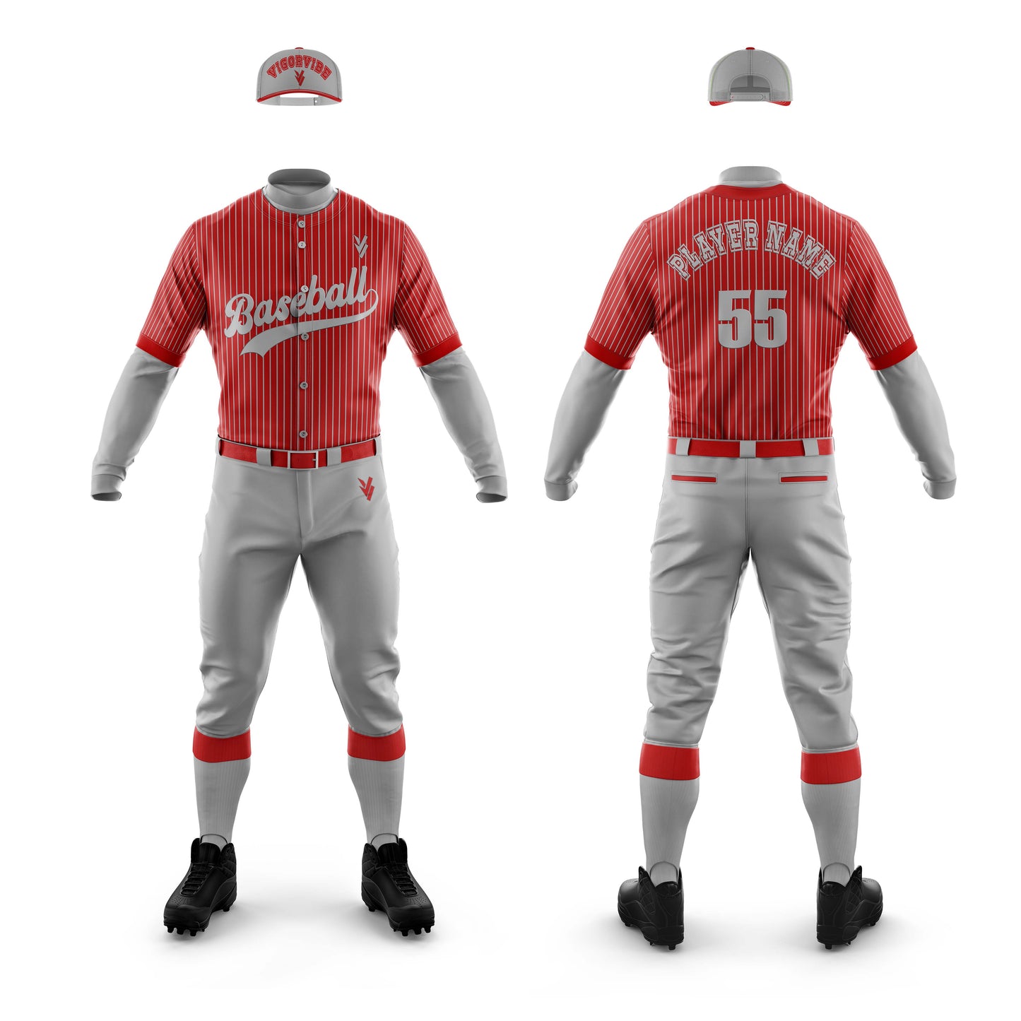 Vigor Vibe Baseball Uniforms Red With Grey Stripes | Personalized designs for your Team (Baseball-002)
