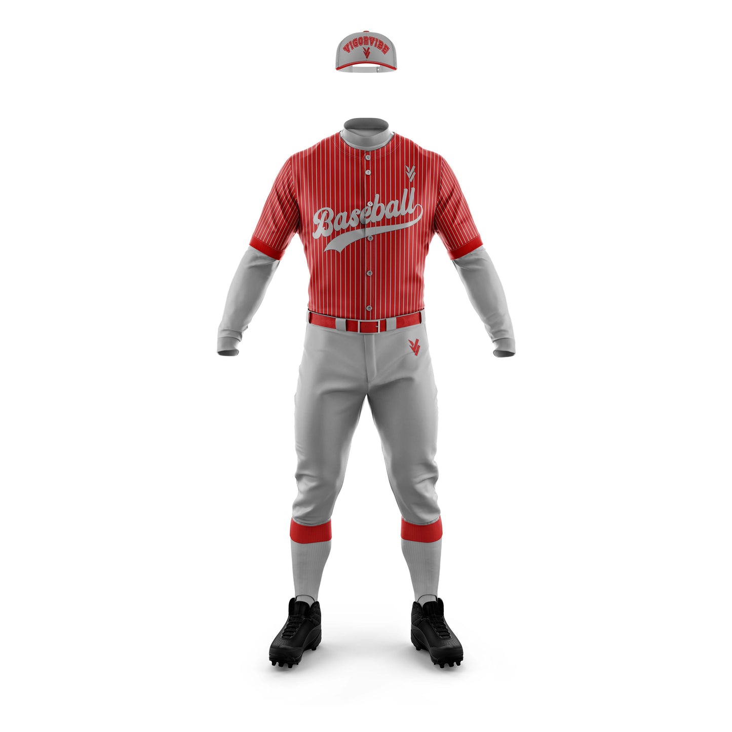 Vigor Vibe Baseball Uniforms Red With Grey Stripes | Personalized designs for your Team (Baseball-002)