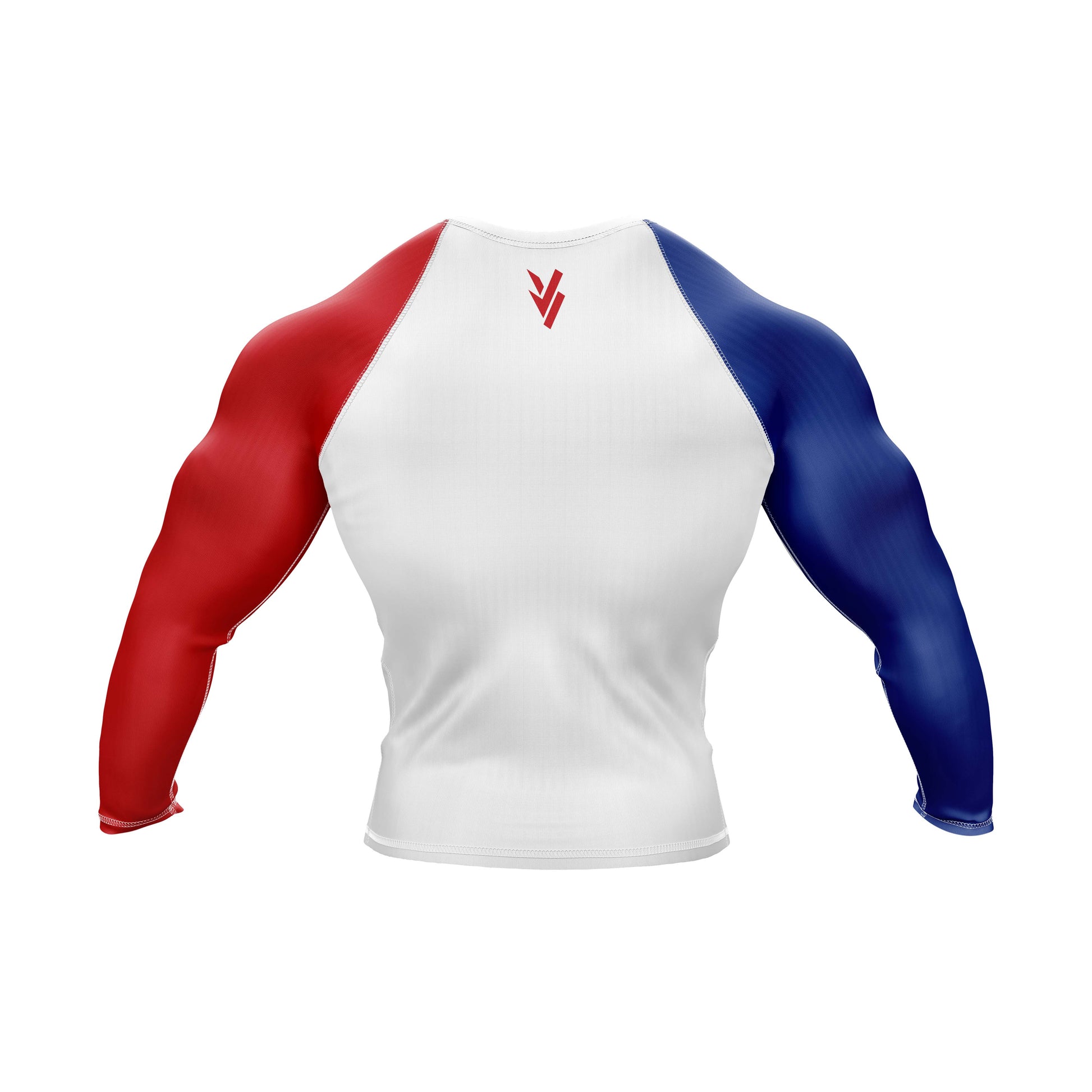 Back view of France Jiu Jitsu flag grappling rash guard with red and blue sleeves, designed for performance and comfort.