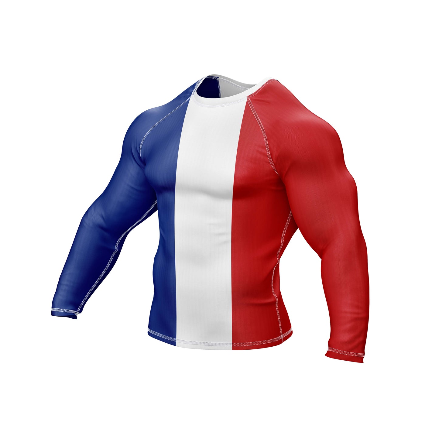 France Jiu Jitsu flag grappling rash guard with long sleeves, featuring blue, white, and red color scheme. Lightweight and breathable.