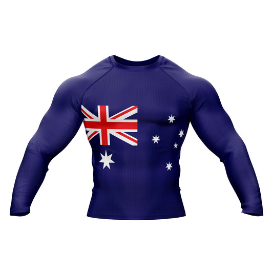 Australia Jiu Jitsu flag rash guard with long sleeves, round neck, and blue design for grappling and gym workouts.