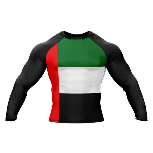 Emirates Jiu Jitsu rash guard with long sleeves featuring Emirates flag colors, designed for comfort and performance in grappling.