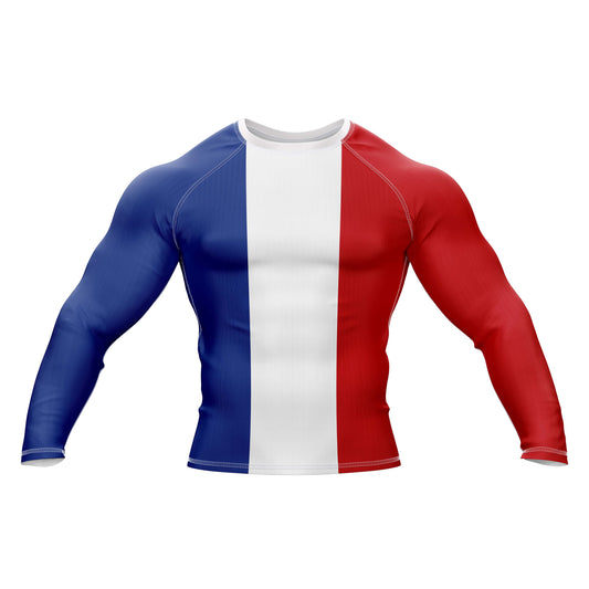 France Jiu Jitsu flag grappling rash guard with long sleeves in tricolor design, ideal for training and combat.