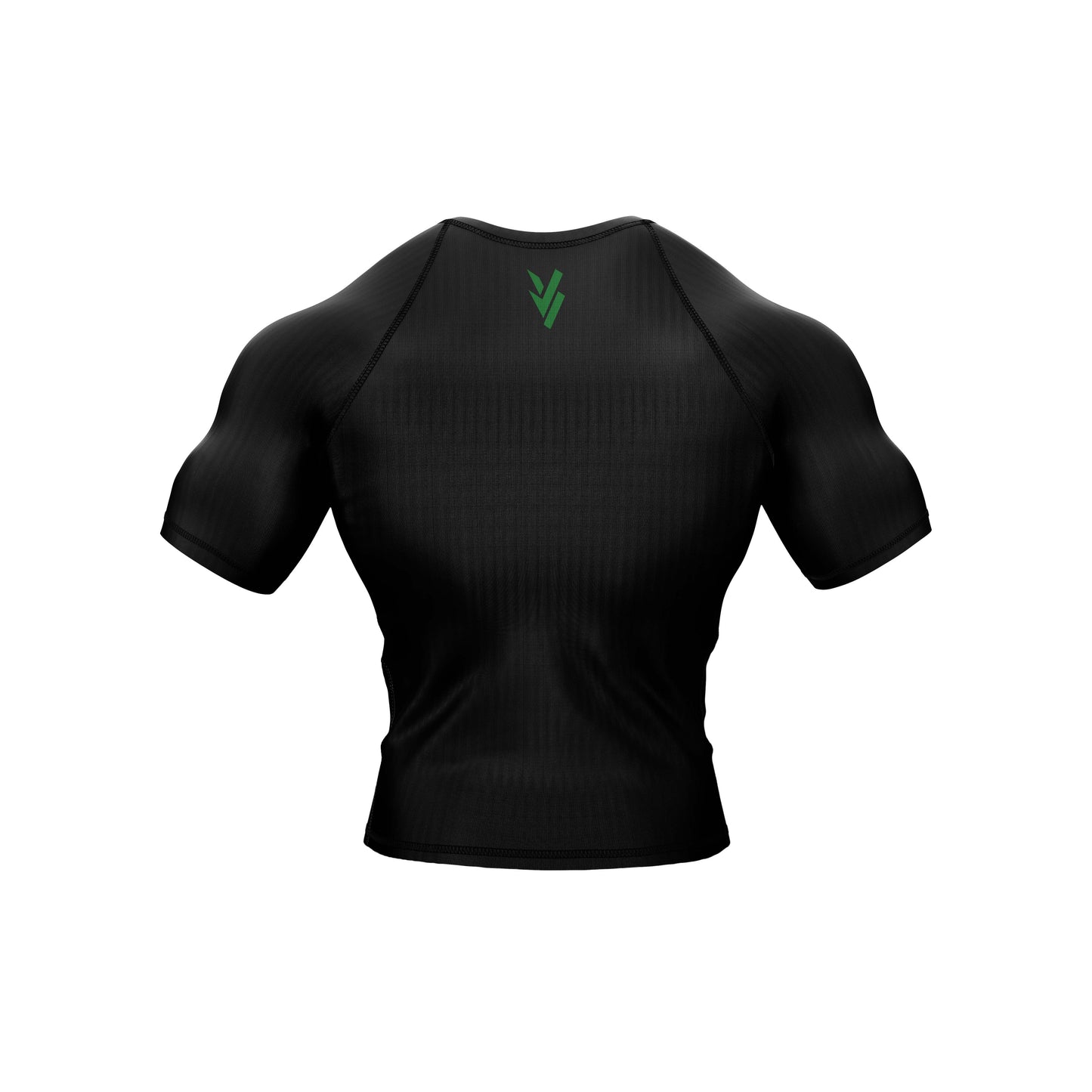 Back view of a black short-sleeve rash guard with a green emblem, ideal for athletes in active sports.