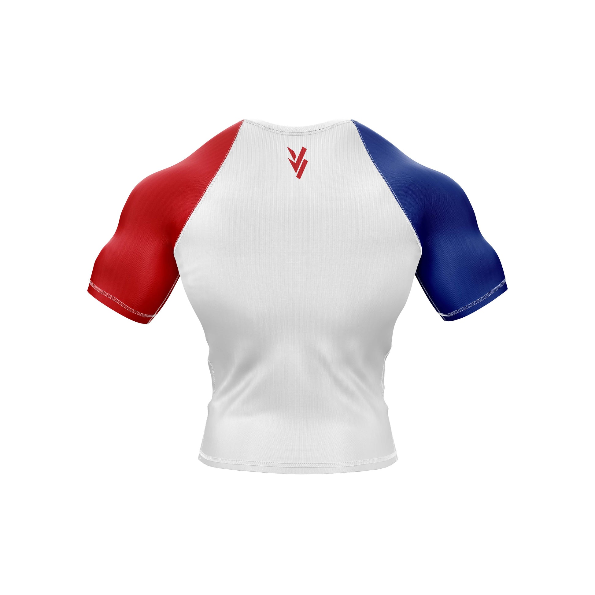 Back view of France Jiu Jitsu flag rash guard with red, white, and blue design, ideal for grappling and training.