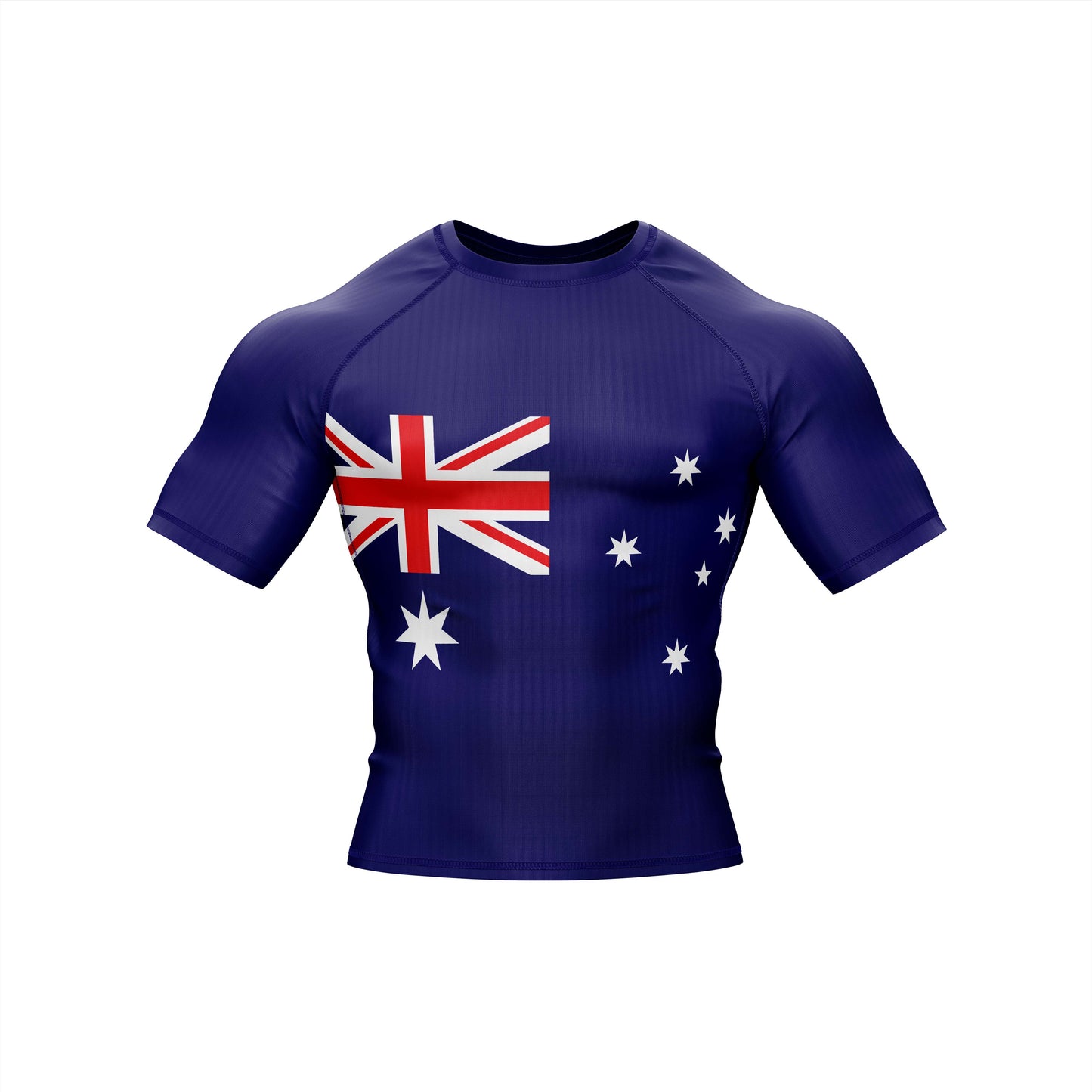 Australia Jiu Jitsu flag grappling rash guard with short sleeves in blue and red color scheme.