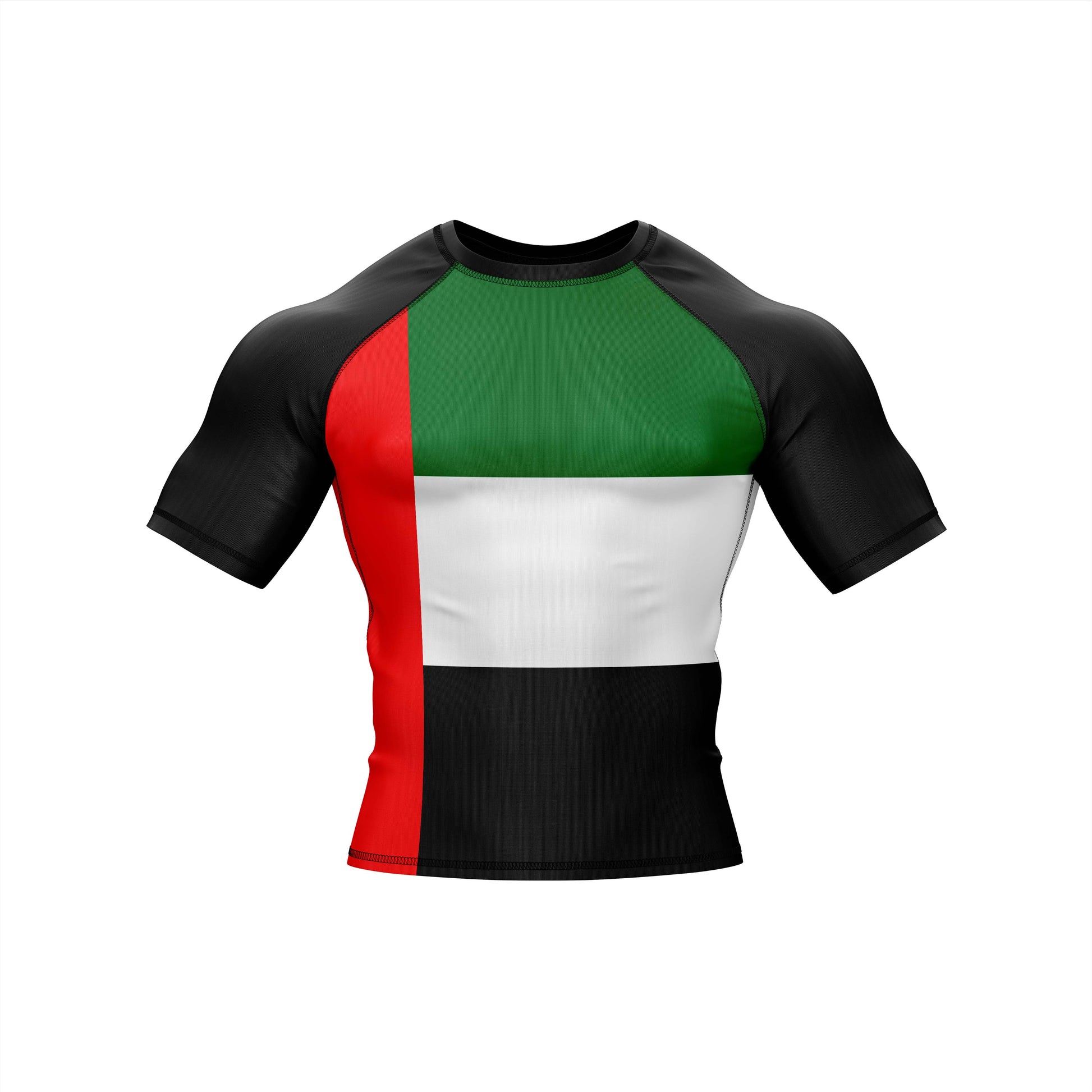 Emirates Jiu Jitsu Flag Grappling Rash Guard with short sleeves in UAE flag colors.