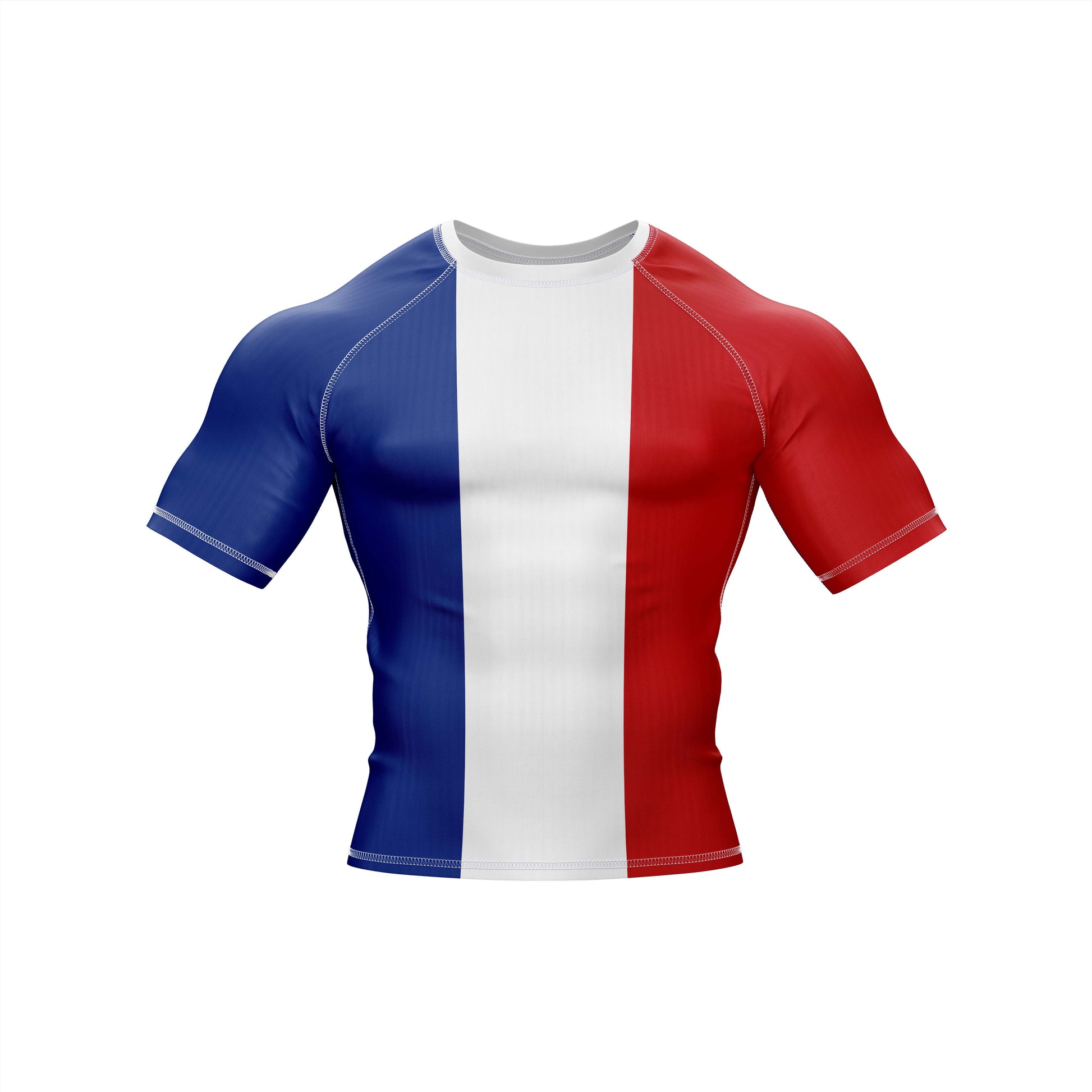 France Jiu Jitsu flag grappling rash guard with sublimated design, short sleeves, round neck, made of lightweight spandex.