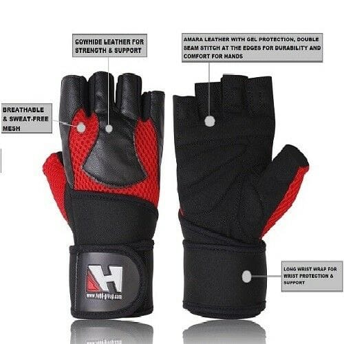 Gym Leather Gloves with Wrist Wraps Support Body Building Feature