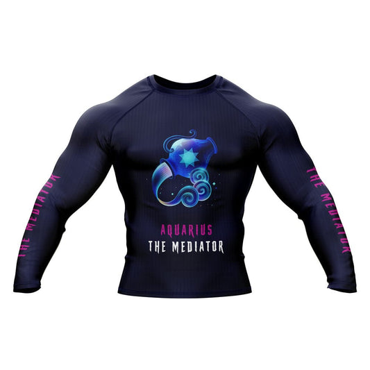 Aquarius Zodiac Sign The Mediator Navy Blue Premium BJJ Rash Guard For Men