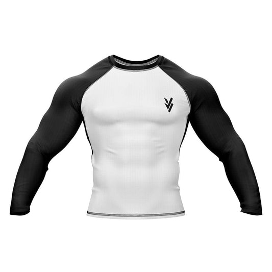 Rash Guard BJJ White Body With Full Black Sleeves For Men Grappling & Yoga