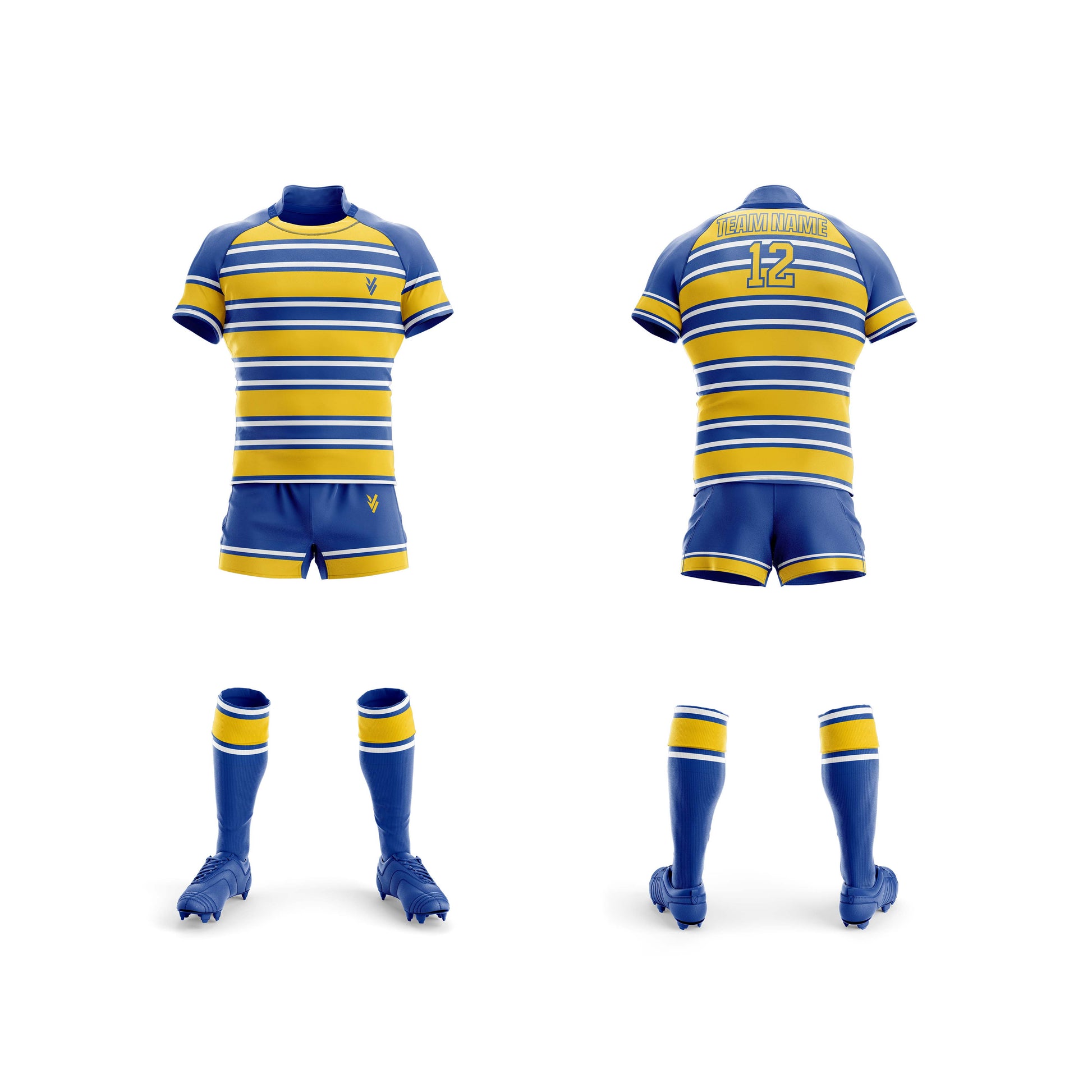 Vigorvibe Rugby Uniform Blue Yellow Stripe Both Views customize