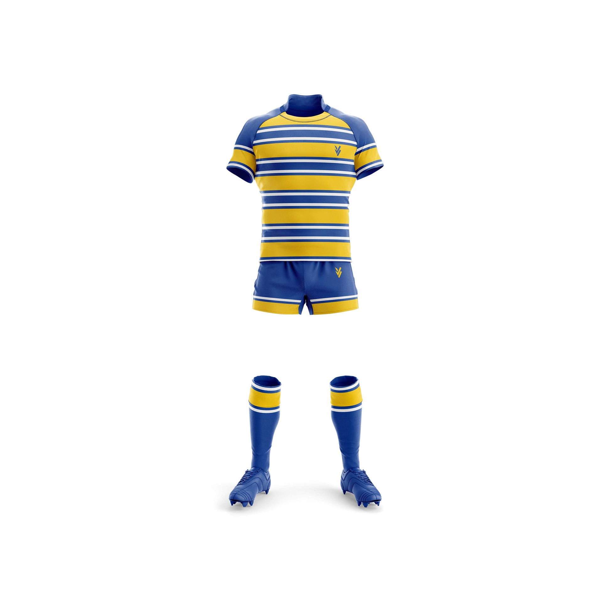 Vigorvibe Rugby Uniform Blue Yellow Stripe Front View customize