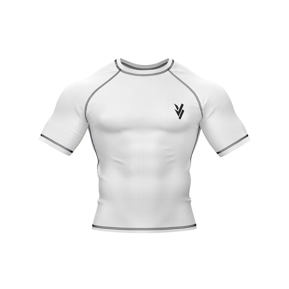 Weiße Rashguard-Halbarmshirts für Männer zum Laufen, Grappling und Training im Fitnessstudio
